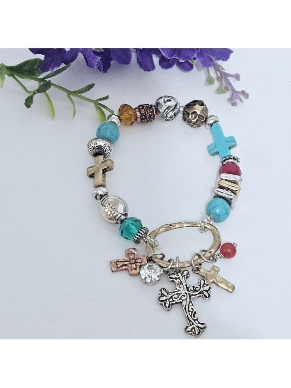 Western Boho Style Turquoise Cross Stretch Bracelet